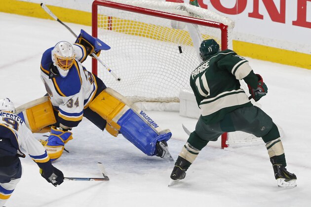 Minnesota Wild's Zach Parise celebrates his game-tying goal against St. Louis Blues goalie Jake Allen during the third period of Game 1 of an NHL hockey first-round playoff series Wednesday, April 12, 2017, in St. Paul, Minn. The Blues won 2-1 in overtime. (AP Photo/Jim Mone)