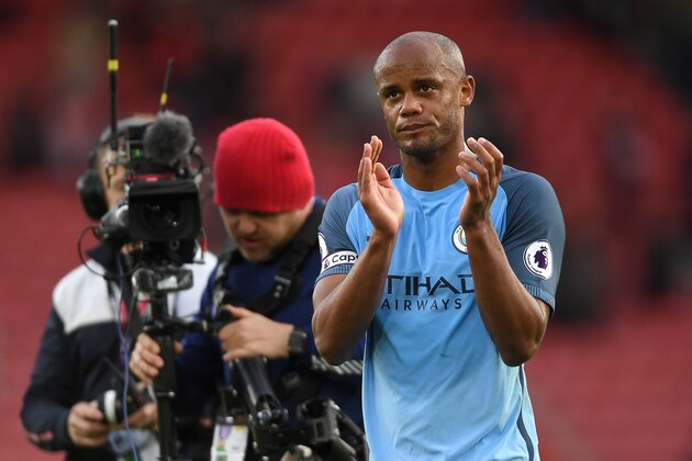 SOUTHAMPTON, ENGLAND - APRIL 15: Vincent Kompany of Manchester City shows appreciation to the fans after the Premier League match between Southampton and Manchester City at St Mary's Stadium on April 15, 2017 in Southampton, England.  (Photo by Mike Hewitt/Getty Images)