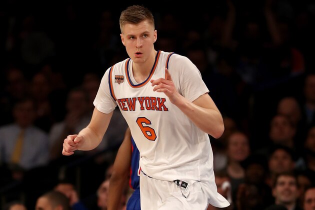 NEW YORK, NY - MARCH 27:  Kristaps Porzingis #6 of the New York Knicks celebrates his basket in the first quarter against the Detroit Pistons at Madison Square Garden on March 27, 2017 in New York City. NOTE TO USER: User expressly acknowledges and agrees that, by downloading and or using this Photograph, user is consenting to the terms and conditions of the Getty Images License Agreement  (Photo by Elsa/Getty Images)