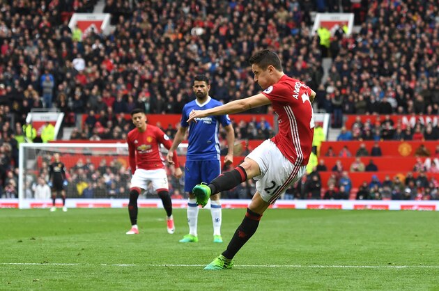 MANCHESTER, ENGLAND - APRIL 16: Ander Herrera of Manchester United scores his sides second goal during the Premier League match between Manchester United and Chelsea at Old Trafford on April 16, 2017 in Manchester, England.  (Photo by Michael Regan/Getty Images)