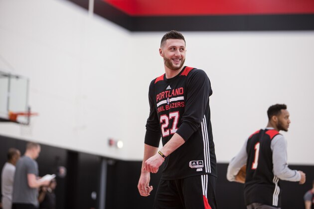 PORTLAND, OR - APRIL 11:  Jusuf Nurkic #27 of the Portland Trail Blazers smiles during an all access practice on April 11, 2017 at the Trail Blazers Practice Facility in Portland, Oregon. NOTE TO USER: User expressly acknowledges and agrees that, by downloading and/or using this photograph, user is consenting to the terms and conditions of the Getty Images License Agreement. Mandatory Copyright Notice: Copyright 2017 NBAE (Photo by Sam Forencich/NBAE via Getty Images)