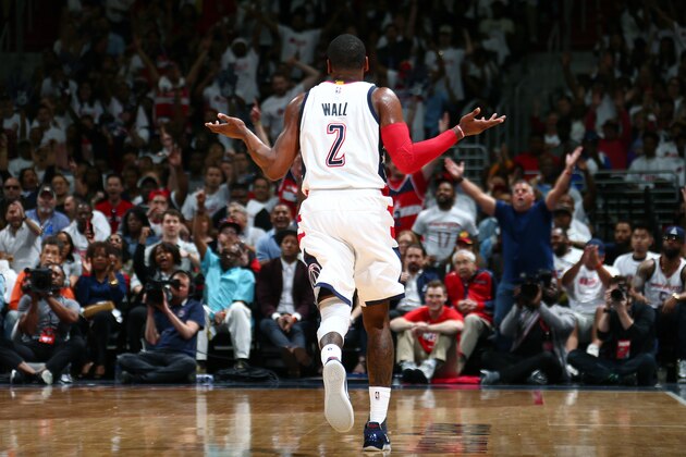 WASHINGTON, DC -  APRIL 16: John Wall #2 of the Washington Wizards reacts during the game against the Atlanta Hawks during the Eastern Conference Quarterfinals of the 2017 NBA Playoffs on April 16, 2017 at Verizon Center in Washington, DC. NOTE TO USER: User expressly acknowledges and agrees that, by downloading and or using this Photograph, user is consenting to the terms and conditions of the Getty Images License Agreement. Mandatory Copyright Notice: Copyright 2017 NBAE (Photo by Ned Dishman/NBAE via Getty Images)