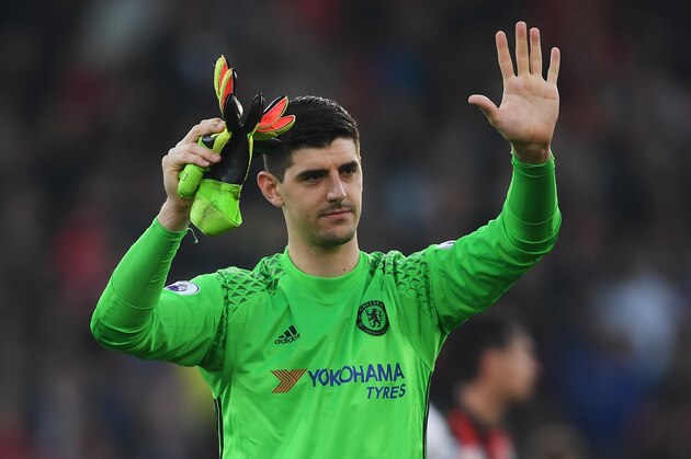 BOURNEMOUTH, ENGLAND - APRIL 08:  Thibaut Courtois of Chelsea celebrates after  the Premier League match between AFC Bournemouth and Chelsea at Vitality Stadium on April 8, 2017 in Bournemouth, England.  (Photo by Mike Hewitt/Getty Images)