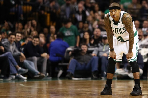 BOSTON, MA - MARCH 29: Isaiah Thomas #4 of the Boston Celtics looks on during the second half against the Milwaukee Bucks at TD Garden on March 29, 2017 in Boston, Massachusetts. NOTE TO USER: User expressly acknowledges and agrees that by downloading and or using this photograph, User is consenting to the terms and conditions of the Getty Images License Agreement. (Photo by Maddie Meyer/Getty Images)