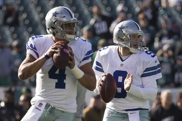 PHILADELPHIA, PA - JANUARY 1: Dak Prescott #4 and Tony Romo #9 of the Dallas Cowboys warm up prior to the game against the Philadelphia Eagles at Lincoln Financial Field on January 1, 2017 in Philadelphia, Pennsylvania. The Eagles defeated the Cowboys 27-13. (Photo by Mitchell Leff/Getty Images)