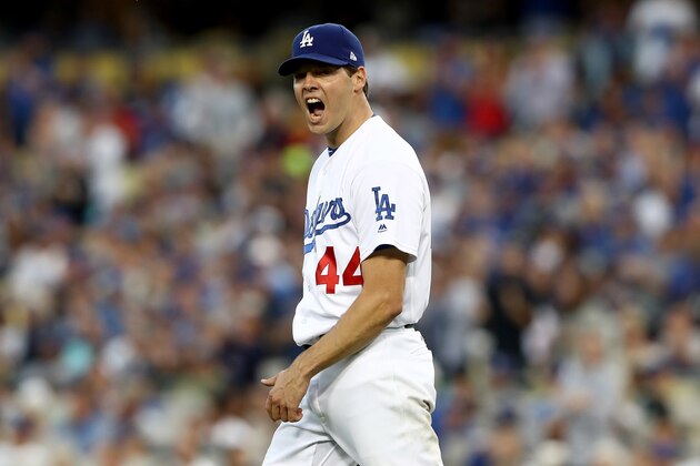 LOS ANGELES, CA - OCTOBER 18:  Rich Hill #44 of the Los Angeles Dodgers reacts while taking on the Chicago Cubs in game three of the National League Championship Series at Dodger Stadium on October 18, 2016 in Los Angeles, California.  (Photo by Sean M. Haffey/Getty Images)