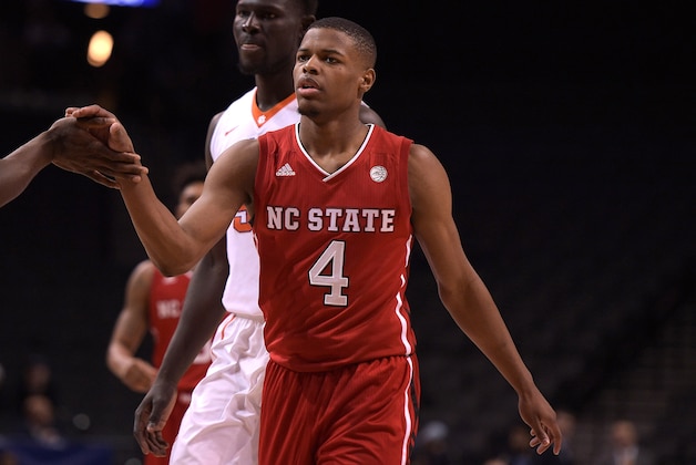 NEW YORK, NY - MARCH 07: Dennis Smith Jr. #4 of the North Carolina State Wolfpack reacts during their game against the Clemson Tigersduring the first round of the ACC Basketball Tournament at Barclays Center on March 7, 2017 in New York City. (Photo by Lance King/Getty Images)