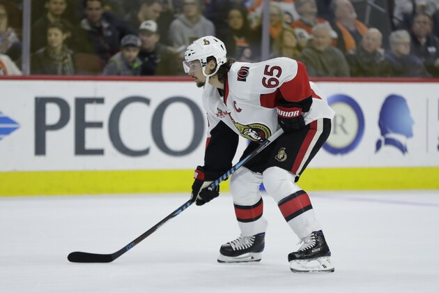 Ottawa Senators' Erik Karlsson in action during an NHL hockey game against the Philadelphia Flyers, Tuesday, March 28, 2017, in Philadelphia. (AP Photo/Matt Slocum)