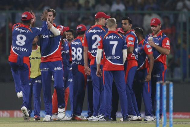 Delhi Daredevils celebrate the dismissal of Kings XI Punjab batsman Eoin Morgan during their Indian Premier League (IPL) cricket match against in New Delhi, India, Saturday, April 15, 2017. (AP Photo/Altaf Qadri)