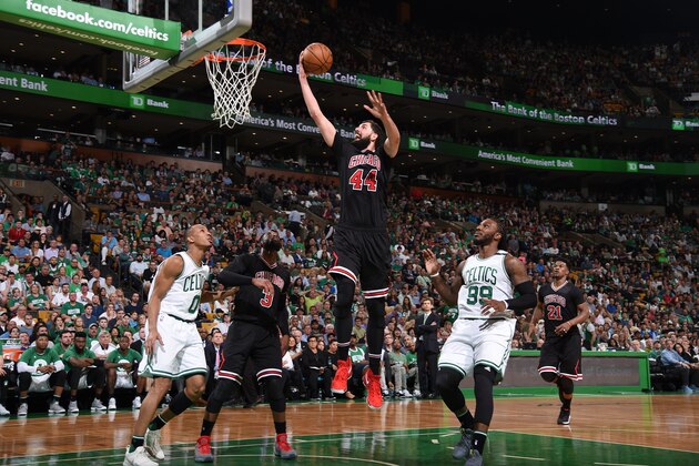 BOSTON, MA - APRIL 16:  Nikola Mirotic #44 of the Chicago Bulls goes to the basket against the Boston Celtics during the Eastern Conference Quarter-finals of the 2017 NBA Playoffs on April 16, 2017 at TD Garden in Boston, MA. NOTE TO USER: User expressly acknowledges and agrees that, by downloading and or using this Photograph, user is consenting to the terms and conditions of the Getty Images License Agreement. Mandatory Copyright Notice: Copyright 2017 NBAE (Photo by Brian Babineau/NBAE via Getty Images)