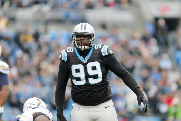 Carolina Panthers defensive tackle Kawann Short (99) reacts after making a tackle against the San Diego Chargers during an NFL game at Bank of America Stadium in Charlotte, N.C. on Sunday, Dec. 11, 2016. (Chris Keane/AP Images for Panini)