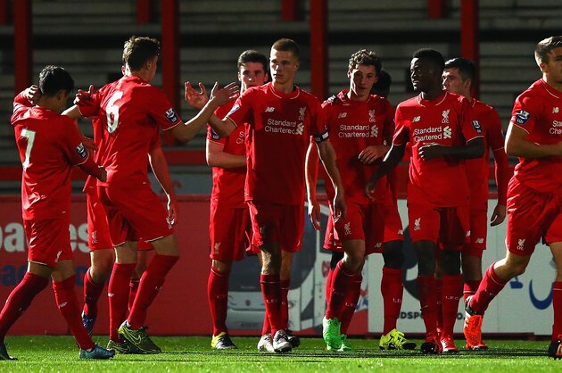 STEVENAGE, ENGLAND - OCTOBER 23:  Matt Virtue of Liverpool is congratulated on his goal during the Barclays U21 Premier League match between Tottenham Hotspur U21 and Liverpool U21 at The Lamex Stadium on October 23, 2015 in Stevenage, England.  (Photo by Matthew Lewis/Getty Images)