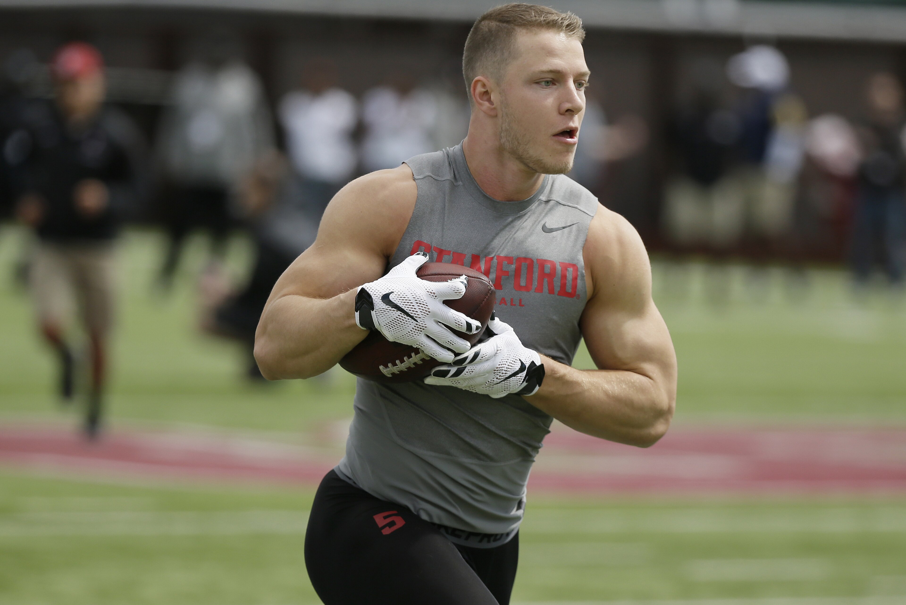 Stanford running back Christian McCaffrey during NFL football pro day Thursday, March 23, 2017, in Stanford, Calif. (AP Photo/Eric Risberg)