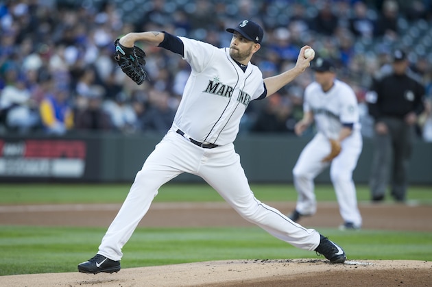 SEATTLE, WA - APRIL 15: Starter James Paxton #65 of the Seattle Mariners delivers pitcher during the first inning of a game against the Texas Rangers at Safeco Field on April 15, 2017 in Seattle, Washington. All players are wearing #42 in honor of Jackie Robinson Day.  (Photo by Stephen Brashear/Getty Images)