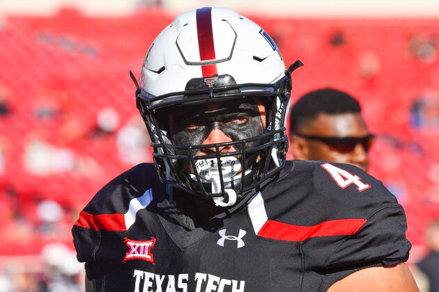 LUBBOCK, TX - OCTOBER 15: Breiden Fehoko #4 of the Texas Tech Red Raiders during warm ups prior to  the game between the Texas Tech Red Raiders and the West Virginia Mountaineers on October 15, 2016 at AT&T Jones Stadium in Lubbock, Texas. (Photo by John Weast/Getty Images)  *** Local Caption ***Breiden Fehoko