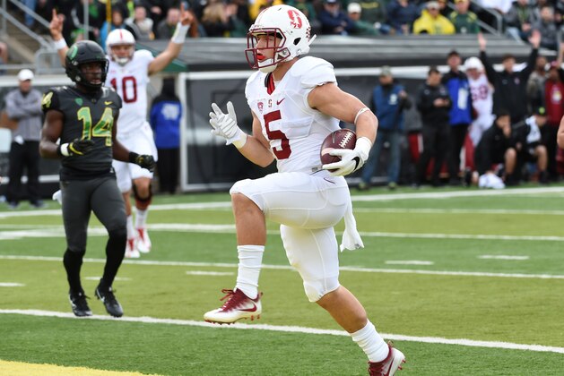 EUGENE, OR - NOVEMBER 12: Running back Christian McCaffrey #5 of the Stanford Cardinal runs in for a touchdown during the first quarter of the game against the Oregon Ducks at Autzen Stadium on November 12, 2016 in Eugene, Oregon. (Photo by Steve Dykes/Getty Images)
