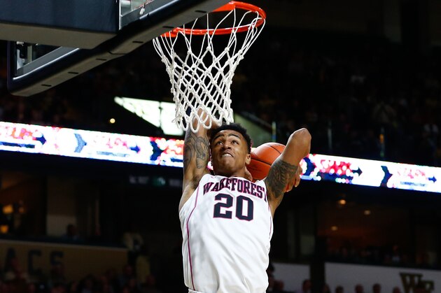 Feb 11, 2017; Winston-Salem, NC, USA; Wake Forest Demon Deacons forward John Collins (20) dunks the ball during the first half against the North Carolina State Wolfpack at Lawrence Joel Veterans Memorial Coliseum. Mandatory Credit: Jeremy Brevard-USA TODAY Sports
