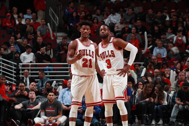 CHICAGO, IL - APRIL 10:  Jimmy Butler #21 and Dwyane Wade #3 of the Chicago Bulls talk during a game against the Orlando Magic on April 10, 2017 at the United Center in Chicago, Illinois. NOTE TO USER: User expressly acknowledges and agrees that, by downloading and/or using this photograph, user is consenting to the terms and conditions of the Getty Images License Agreement. Mandatory Copyright Notice: Copyright 2017 NBAE (Photo by Jeff Haynes/NBAE via Getty Images)