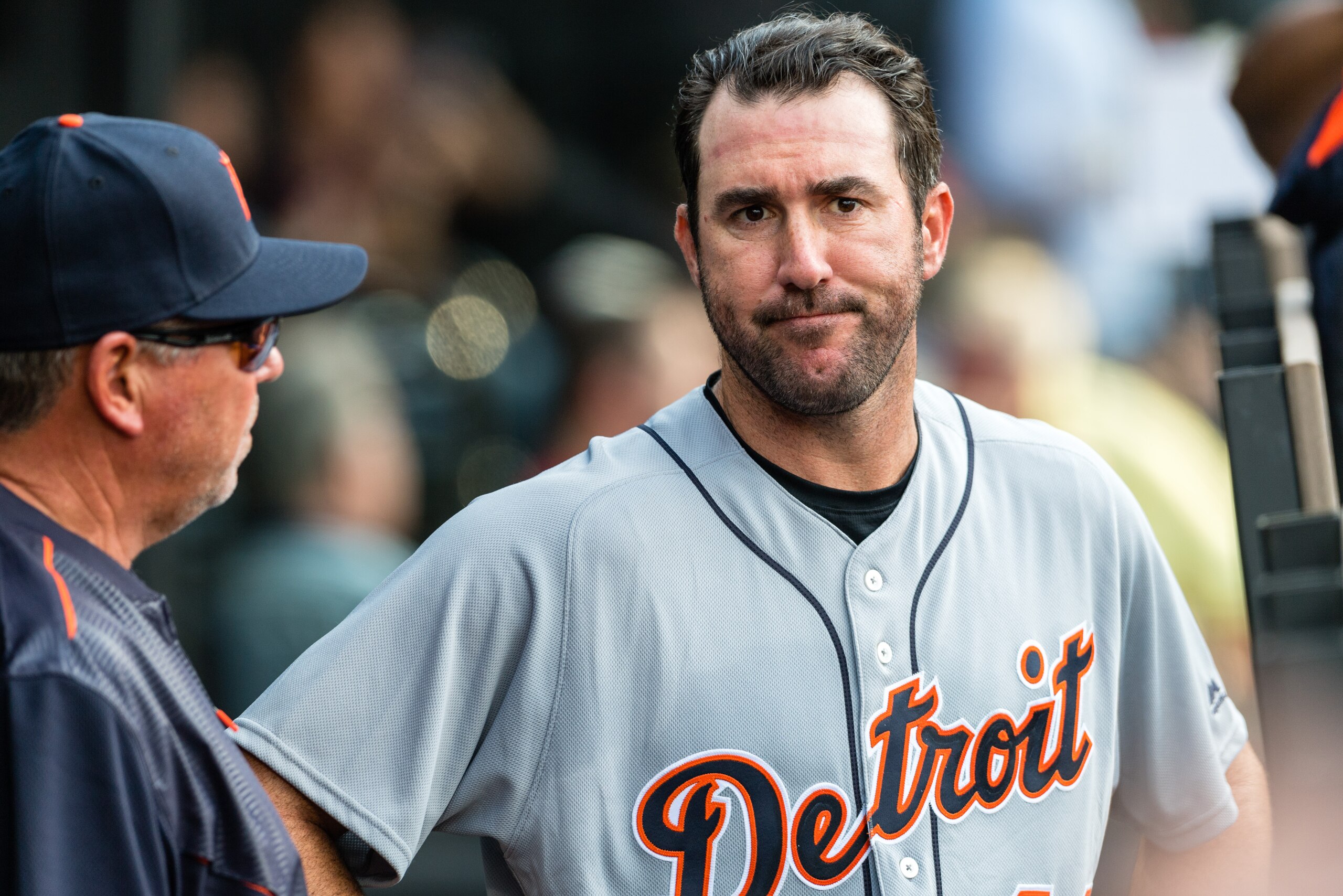 CLEVELAND, OH - APRIL 15: Starting pitcher Justin Verlander #35 of the Detroit Tigers reacts after leaving the game during the fifth inning against the Cleveland Indians at Progressive Field on April 15, 2017 in Cleveland, Ohio. All players are wearing #42 in honor of Jackie Robinson Day. (Photo by Jason Miller/Getty Images) CLEVELAND, OH - APRIL 15: Starting pitcher Justin Verlander #35 of the Detroit Tigers reacts after leaving the game during the fifth inning against the Cleveland Indians at Progressive Field on April 15, 2017 in Cleveland, Ohio. All players are wearing #42 in honor of Jackie Robinson Day. (Photo by Jason Miller/Getty Images)