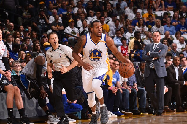 OAKLAND, CA - MARCH 16:  Andre Iguodala #9 of the Golden State Warriors handles the ball during a game against the Orlando Magic on March 16, 2017 at ORACLE Arena in Oakland, California. NOTE TO USER: User expressly acknowledges and agrees that, by downloading and/or using this photograph, user is consenting to the terms and conditions of Getty Images License Agreement. Mandatory Copyright Notice: Copyright 2017 NBAE (Photo by Noah Graham/NBAE via Getty Images)