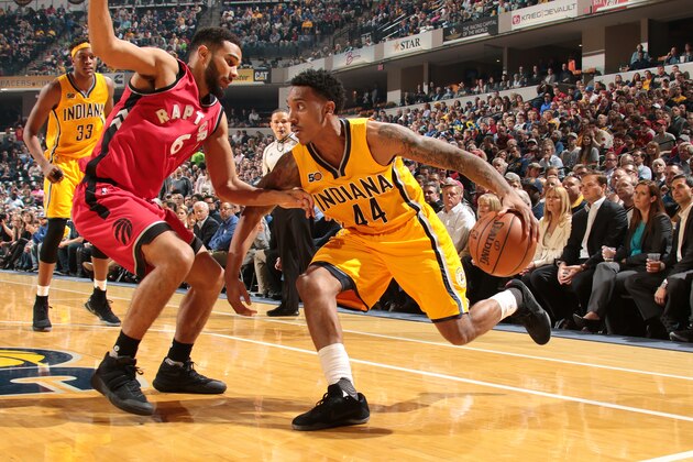 INDIANAPOLIS, IN - APRIL 4: Jeff Teague #44 of the Indiana Pacers drives to the basket during the game against the Toronto Raptors on April 4, 2017 at Bankers Life Fieldhouse in Indianapolis, Indiana. NOTE TO USER: User expressly acknowledges and agrees that, by downloading and or using this Photograph, user is consenting to the terms and conditions of the Getty Images License Agreement. Mandatory Copyright Notice: Copyright 2017 NBAE (Photo by Ron Hoskins/NBAE via Getty Images)