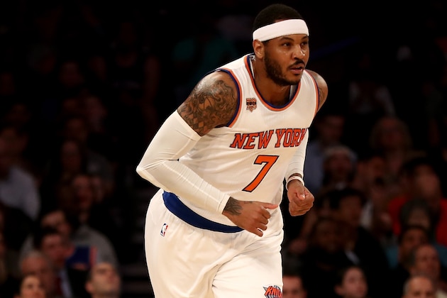 NEW YORK, NY - APRIL 12:  Carmelo Anthony #7 of the New York Knicks celebrates his shot in the first quarter against the Philadelphia 76ers at Madison Square Garden on April 12, 2017 in New York City. NOTE TO USER: User expressly acknowledges and agrees that, by downloading and or using this Photograph, user is consenting to the terms and conditions of the Getty Images License Agreement  (Photo by Elsa/Getty Images)