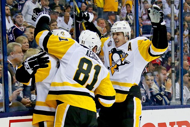 COLUMBUS, OH - APRIL 16:  Evgeni Malkin #71 and Phil Kessel #81 congratulate Jake Guentzel #59, all of the Pittsburgh Penguins, after scoring a goal during Game Three of the Eastern Conference First Round during the 2017 NHL Stanley Cup Playoffs against the Columbus Blue Jackets on April 16, 2017 at Nationwide Arena in Columbus, Ohio. (Photo by Kirk Irwin/Getty Images)