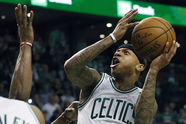 Boston Celtics' Isaiah Thomas shoots during the fourth quarter of a first-round NBA playoff basketball game against the Chicago Bulls, Sunday, April 16, 2017, in Boston. The Bulls won 106-102. (AP Photo/Michael Dwyer)