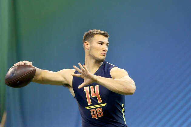 North Carolina quarterback Mitchell Trubisky is seen in a drill at the 2017 NFL football scouting combine Saturday, March 4, 2017, in Indianapolis. (AP Photo/Gregory Payan)