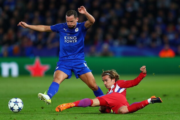 LEICESTER, ENGLAND - APRIL 18: Danny Drinkwater of Leicester City is tackled by Antoine Griezmann of Atletico Madrid during the UEFA Champions League Quarter Final second leg match between Leicester City and Club Atletico de Madrid at The King Power Stadium on April 18, 2017 in Leicester, United Kingdom.  (Photo by Clive Rose/Getty Images)