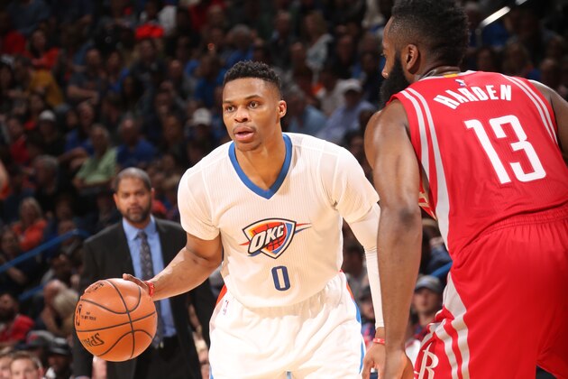 OKLAHOMA CITY, OK - MARCH 22:  Russell Westbrook #0 of the Oklahoma City Thunder handles the ball against James Harden #13 of the Houston Rockets on March 22, 2016 at Chesapeake Energy Arena in Oklahoma City, Oklahoma. NOTE TO USER: User expressly acknowledges and agrees that, by downloading and or using this photograph, User is consenting to the terms and conditions of the Getty Images License Agreement. Mandatory Copyright Notice: Copyright 2016 NBAE (Photo by Layne Murdoch/NBAE via Getty Images)