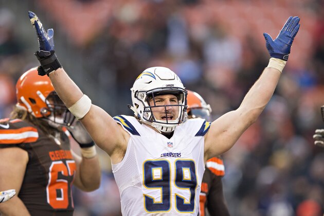 CLEVELAND, OH - DECEMBER 24:  Joey Bosa #99 of the San Diego Chargers celebrates after a big play during a game against the Cleveland Browns at FirstEnergy Stadium on December 24, 2016 in Cleveland, Ohio.  The Browns defeated the Chargers 20-17.  (Photo by Wesley Hitt/Getty Images)
