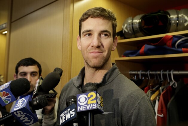 New York Giants quarterback Eli Manning speaks to reporters in the locker room in East Rutherford, N.J., Monday, Jan. 9, 2017.   (AP Photo/Seth Wenig)