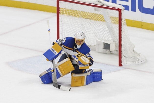 St. Louis Blues goalie Jake Allen guards the net against the Minnesota Wild during Game 1 of an NHL hockey first-round playoff series Wednesday, April 12, 2017, in St. Paul, Minn. (AP Photo/Jim Mone)
