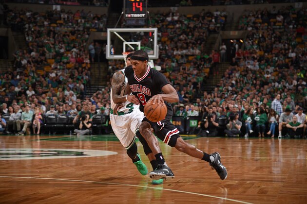 BOSTON, MA - APRIL 16:  Rajon Rondo #9 of the Chicago Bulls drives to the basket during the Eastern Conference Quarterfinals game against the Boston Celtics during the 2017 NBA Playoffs on April 16, 2017 at Verizon Center in Washington, DC. NOTE TO USER: User expressly acknowledges and agrees that, by downloading and or using this Photograph, user is consenting to the terms and conditions of the Getty Images License Agreement. Mandatory Copyright Notice: Copyright 2017 NBAE (Photo by Brian Babineau/NBAE via Getty Images)