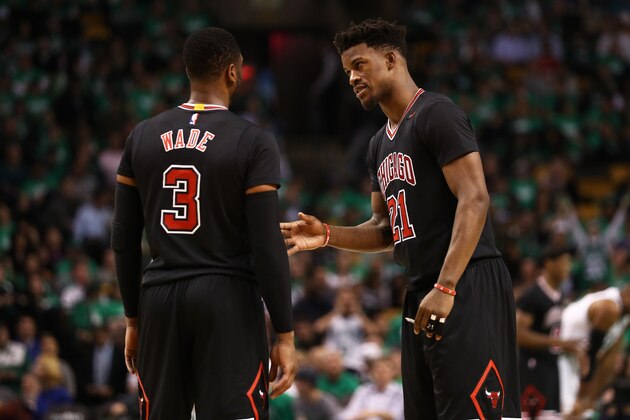 BOSTON, MA - APRIL 18: Jimmy Butler #21 of the Chicago Bulls talks with Dwyane Wade #3 during the third quarter of Game Two of the Eastern Conference Quarterfinals against the Boston Celtics at TD Garden on April 18, 2017 in Boston, Massachusetts. NOTE TO USER: User expressly acknowledges and agrees that, by downloading and or using this Photograph, user is consenting to the terms and conditions of the Getty Images License Agreement. (Photo by Maddie Meyer/Getty Images)