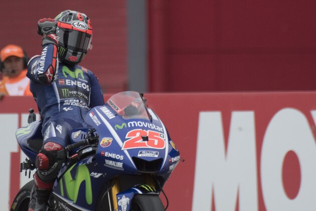 RIO HONDO, ARGENTINA - APRIL 09:  Maverick Vinales of Spain and  Movistar Yamaha MotoGP celebrates the victory at the end of the MotoGP race during the MotoGp of Argentina - Race on April 9, 2017 in Rio Hondo, Argentina.  (Photo by Mirco Lazzari gp/Getty Images)