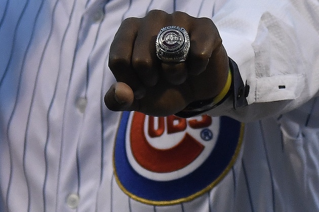A detail shot of Jorge Soler in a ceremony where former players were presented 2016 World Series rings before the game against the Milwaukee Brewers on April 17, 2017 at Wrigley Field in Chicago, Illinois. The Brewers won  6-3. (Photo by David Banks/Getty Images)