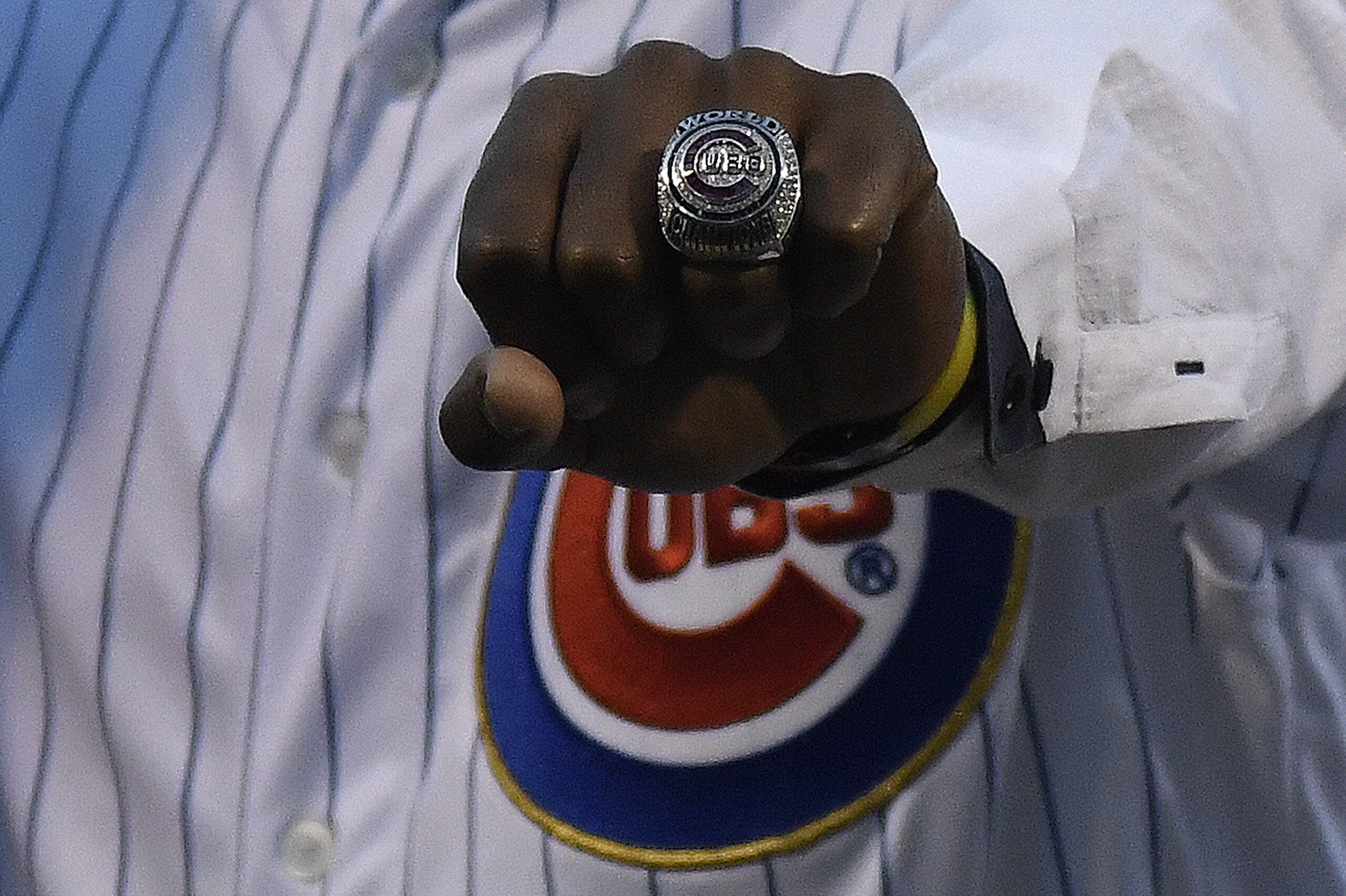 A detail shot of Jorge Soler in a ceremony where former players were presented 2016 World Series rings before the game against the Milwaukee Brewers on April 17, 2017 at Wrigley Field in Chicago, Illinois. The Brewers won  6-3. (Photo by David Banks/Getty Images)