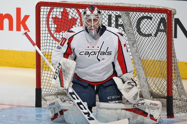 TORONTO, ON - APRIL 17:  Braden Holtby #70 of the Washington Capitals gets set to face a shot during the warm-up prior to playing against the Toronto Maple Leafs in Game Three of the Eastern Conference Quarterfinals during the 2017 NHL Stanley Cup Playoffs at the Air Canada Centre on April 17, 2017 in Toronto, Ontario, Canada. (Photo by Claus Andersen/Getty Images)