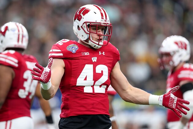 ARLINGTON, TX - JANUARY 02:  T.J. Watt #42 of the Wisconsin Badgers celebrates after a play during the 81st Goodyear Cotton Bowl Classic between Western Michigan and Wisconsin at AT&T Stadium on January 2, 2017 in Arlington, Texas.  (Photo by Tom Pennington/Getty Images)