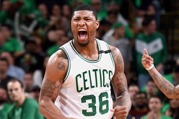 BOSTON, MA - APRIL 18:  Marcus Smart #36 of the Boston Celtics celebrates after scoring against the Chicago Bulls during Game Two of the Eastern Conference Quarterfinals of the 2017 NBA Playoffs on April 18, 2017 at TD Garden in Boston, MA. NOTE TO USER: User expressly acknowledges and agrees that, by downloading and or using this Photograph, user is consenting to the terms and conditions of the Getty Images License Agreement. Mandatory Copyright Notice: Copyright 2017 NBAE (Photo by Brian Babineau/NBAE via Getty Images)