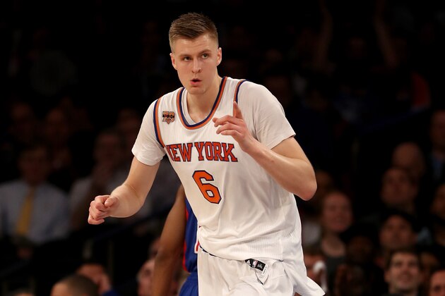NEW YORK, NY - MARCH 27:  Kristaps Porzingis #6 of the New York Knicks celebrates his basket in the first quarter against the Detroit Pistons at Madison Square Garden on March 27, 2017 in New York City. NOTE TO USER: User expressly acknowledges and agrees that, by downloading and or using this Photograph, user is consenting to the terms and conditions of the Getty Images License Agreement  (Photo by Elsa/Getty Images)
