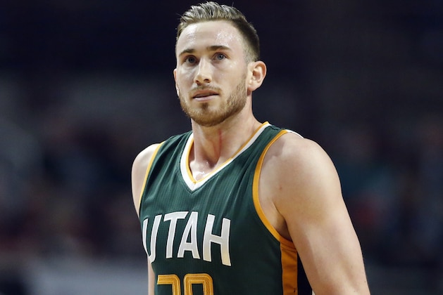 Utah Jazz guard/forward Gordon Hayward looks up as he walks on the court during the first half of an NBA basketball game against the Chicago Bulls Saturday, March 18, 2017, in Chicago. (AP Photo/Nam Y. Huh)