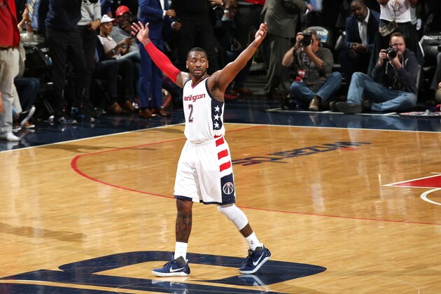 WASHINGTON, DC -  APRIL 19: John Wall #2 of the Washington Wizards reacts during the game against the Atlanta Hawks during Game Two of the Eastern Conference Quarterfinals during the 2017 NBA Playoffs on April 19, 2017 at Verizon Center in Washington, DC. NOTE TO USER: User expressly acknowledges and agrees that, by downloading and or using this Photograph, user is consenting to the terms and conditions of the Getty Images License Agreement. Mandatory Copyright Notice: Copyright 2017 NBAE (Photo by Stephen Gosling/NBAE via Getty Images)