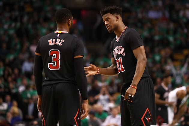 BOSTON, MA - APRIL 18: Jimmy Butler #21 of the Chicago Bulls talks with Dwyane Wade #3 during the third quarter of Game Two of the Eastern Conference Quarterfinals against the Boston Celtics at TD Garden on April 18, 2017 in Boston, Massachusetts. NOTE TO USER: User expressly acknowledges and agrees that, by downloading and or using this Photograph, user is consenting to the terms and conditions of the Getty Images License Agreement. (Photo by Maddie Meyer/Getty Images)