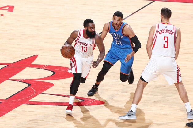 HOUSTON, TX - APRIL 19:  James Harden #13 of the Houston Rockets handles the ball against the Oklahoma City Thunder during Game Two of the Western Conference Quarterfinals of the 2017 NBA Playoffs on April 19, 2017 at the Toyota Center in Houston, Texas. NOTE TO USER: User expressly acknowledges and agrees that, by downloading and/or using this photograph, user is consenting to the terms and conditions of the Getty Images License Agreement. Mandatory Copyright Notice: Copyright 2017 NBAE (Photo by Nathaniel S. Butler/NBAE via Getty Images)