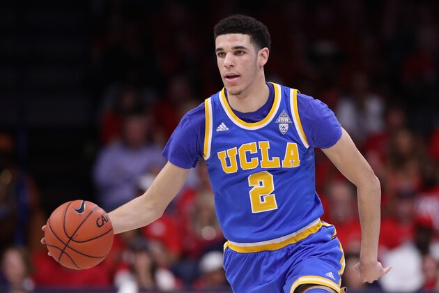 TUCSON, AZ - FEBRUARY 25:  Lonzo Ball #2 of the UCLA Bruins handles the ball during the college basketball game against the Arizona Wildcats at McKale Center on February 25, 2017 in Tucson, Arizona. The Bruins defeated the Wildcats 77-72.  (Photo by Christian Petersen/Getty Images)