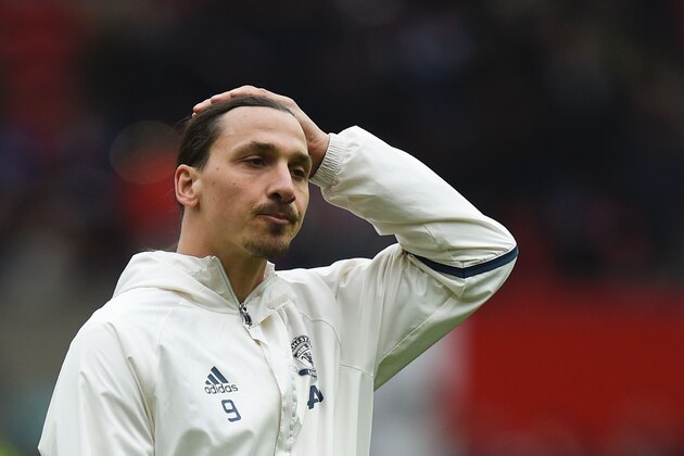 Manchester United's Swedish striker Zlatan Ibrahimovic gestures prior to the English Premier League football match between Manchester United and Chelsea at Old Trafford in Manchester, north west England, on April 16, 2017. / AFP PHOTO / Oli SCARFF / RESTRICTED TO EDITORIAL USE. No use with unauthorized audio, video, data, fixture lists, club/league logos or 'live' services. Online in-match use limited to 75 images, no video emulation. No use in betting, games or single club/league/player publications.  /         (Photo credit should read OLI SCARFF/AFP/Getty Images)