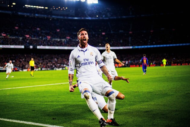 BARCELONA, SPAIN - DECEMBER 03:  Sergio Ramos of Real Madrid is celebrates after scoring the 1:1 goal during the La Liga match between FC Barcelona and Real Madrid CF at Camp Nou stadium on December 03, 2016 in Barcelona, Spain.  (Photo by Vladimir Rys Photography/Getty Images)